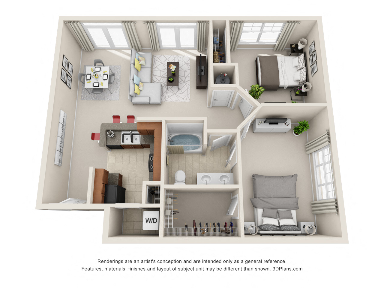 Floor plan for 2 beds, 1 bath, 962 sqft